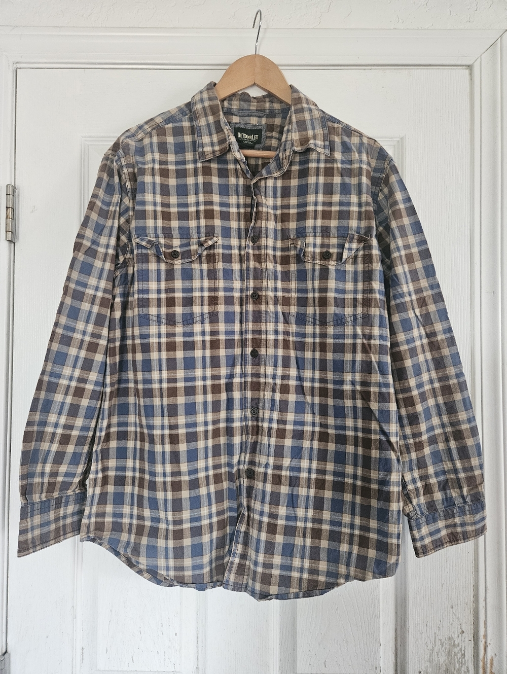 Outdoor Life Plaid Cotton Long Sleeve Shirt - Blue & Brown Large